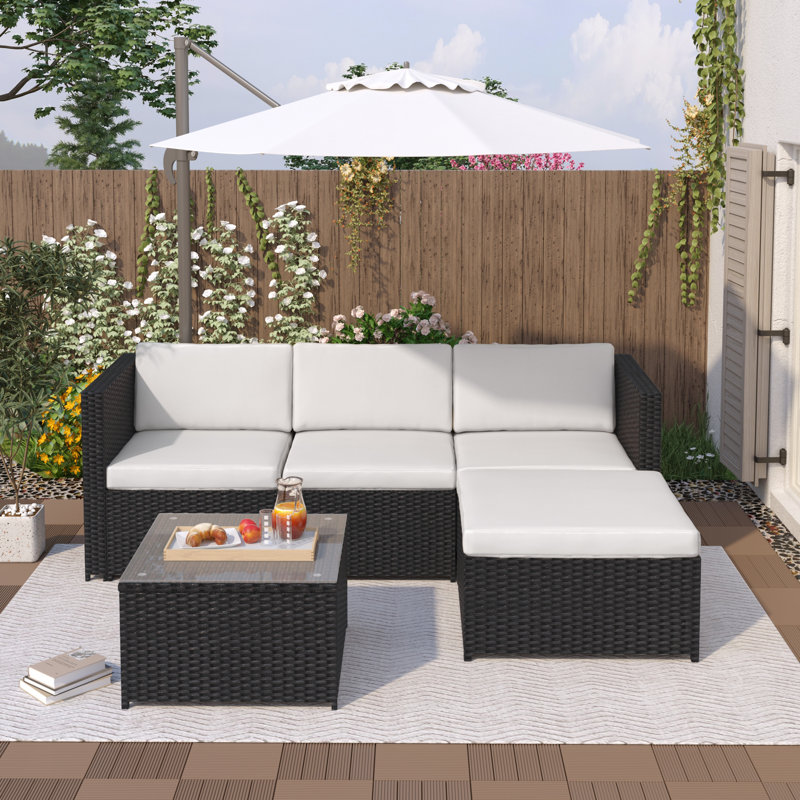 Rattan Garden Sofa Set With Glass Top Coffee Table, Black, Cream
