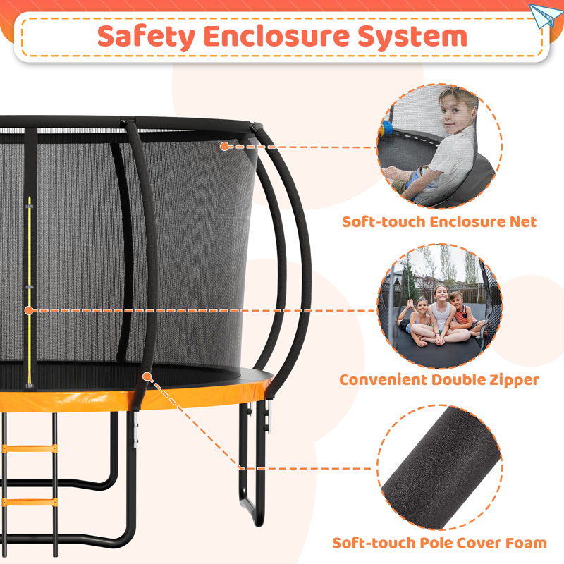 12 FT Black and Orange Outdoor Trampoline with Safety Enclosure and Ladder