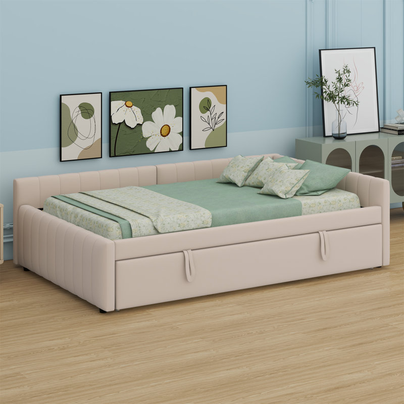 L-Shaped Upholstered Daybed With Pop Up Trundle, Beige