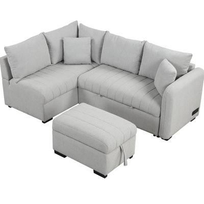L-shaped Sectional Bed Sleeper In Gray, With Ports & Power Sockets, Movable Storage For A Small Apartment Gray Pull Out , , 2 Ports, Sockets And Comfortable Seat Design