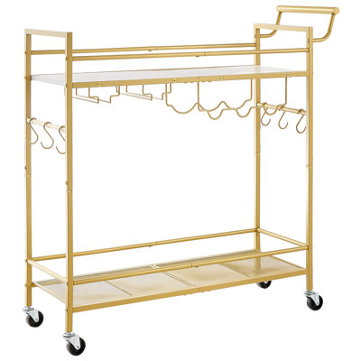 Chariot-bar, chariots de service de cuisine à 2 niveaux, station utilitaire roulante moderne sur roulettes, chariot à boissons mobile avec tablette en bois et en filet, support à vin, porte-verre, or 33,86 x 11,81 x 32,68 po