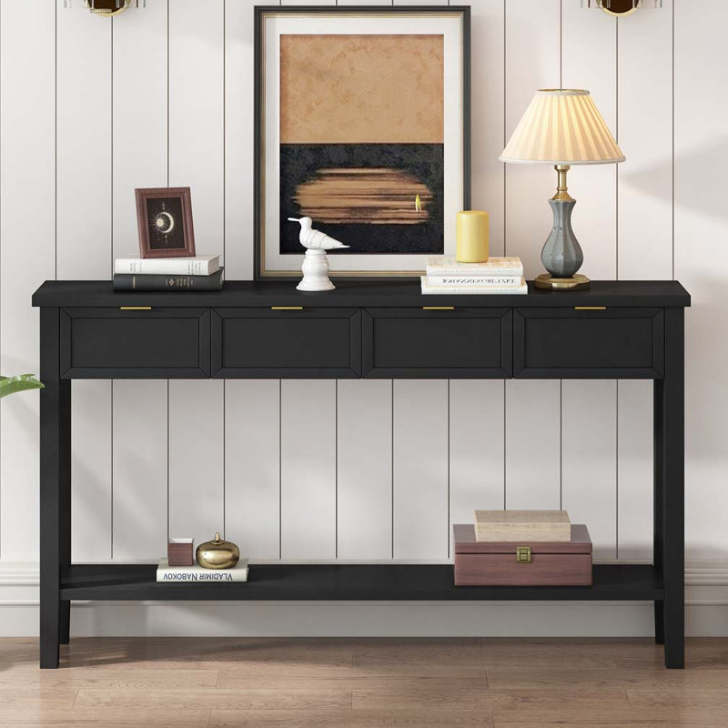 Console de rangement en bois 4 tiroirs et 2 tablettes, Noir