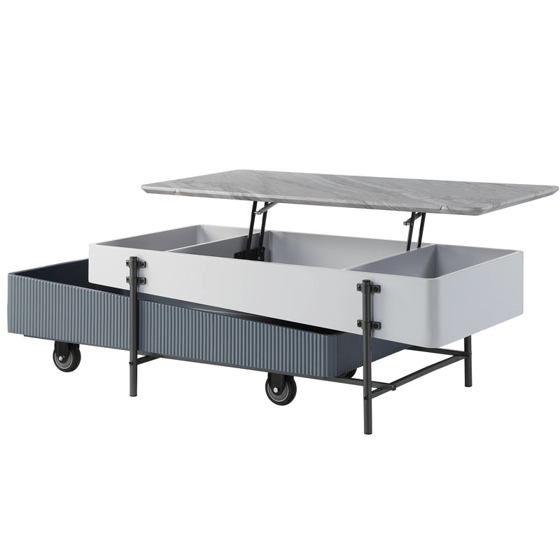 Élégante table basse grise et blanche avec plateau relevable fonctionnel et compartiment organisé