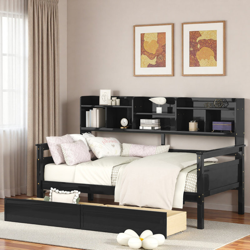 Modern Daybed With Storage Shelves And 2 Drawers, Espresso