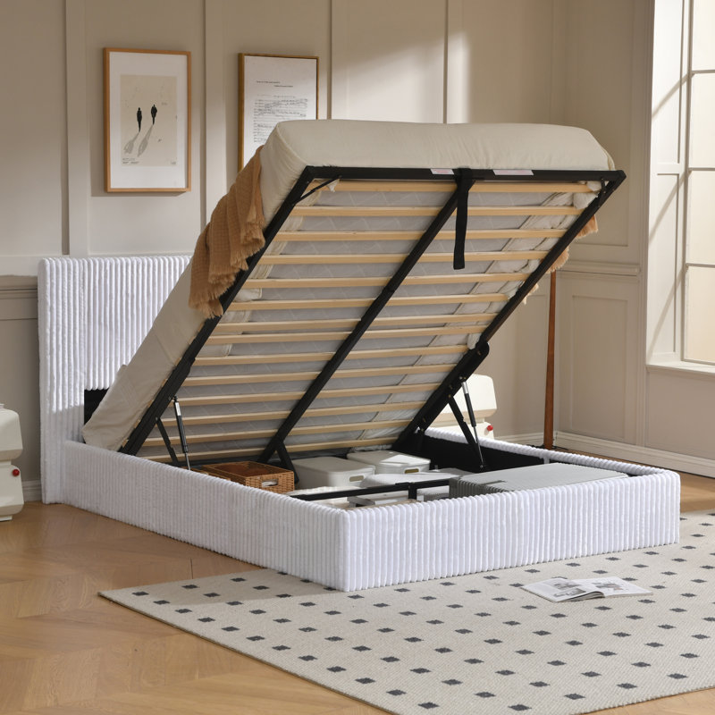 Lit plateforme tapissier hydraulique avec rangement relevable, Grand, Blanc