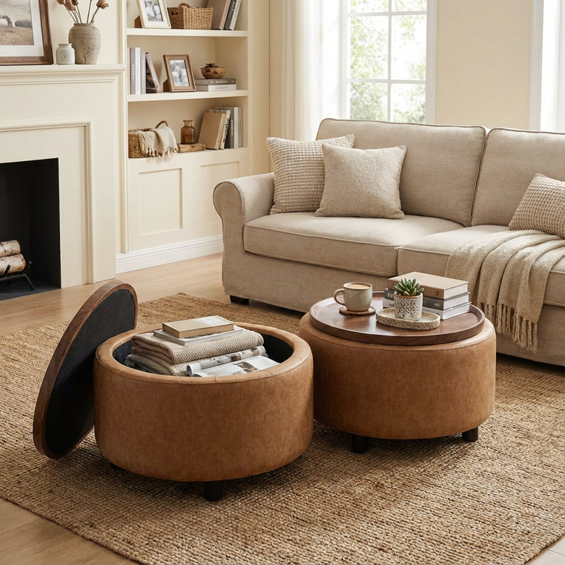 Eniyah Round Cocktail Ottoman With Storage, Brown