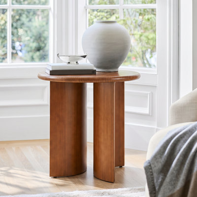 Solric Mid-Century Modern Pine Wood Round Side Table with Fan-Shaped Legs, Sculptural Accent End Table for Living Room, Bedroom