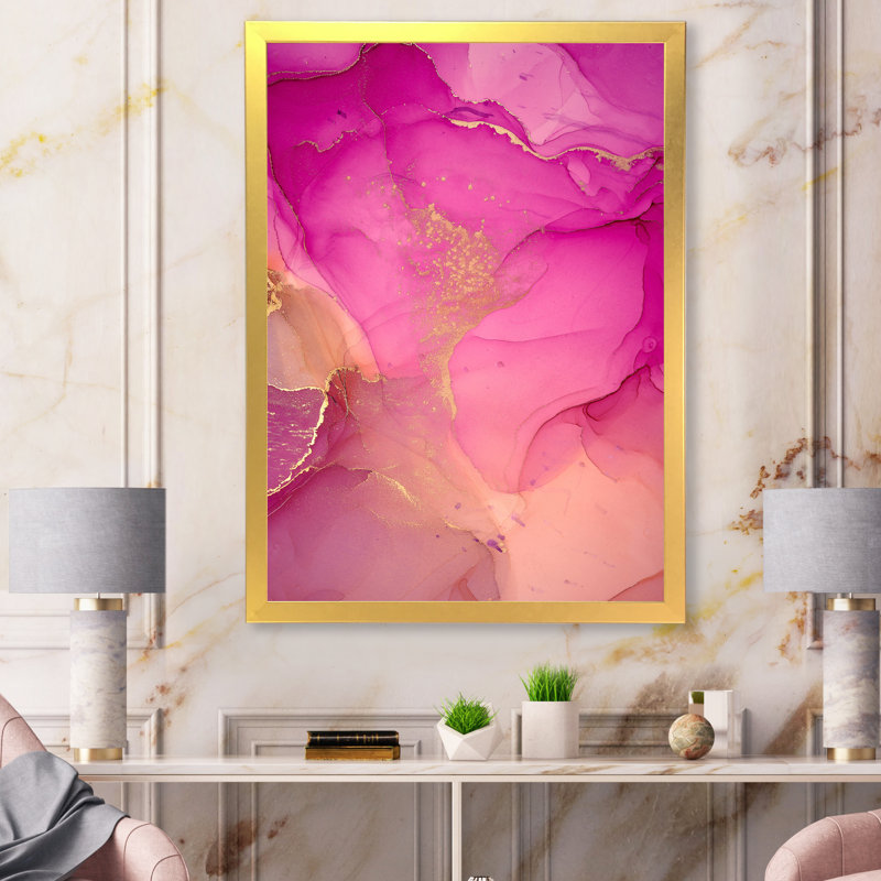 «Pink and Gold Ink Clouds», peinture sur toile, H 44 po x l 34 po x P 1,5 po, Cadre doré