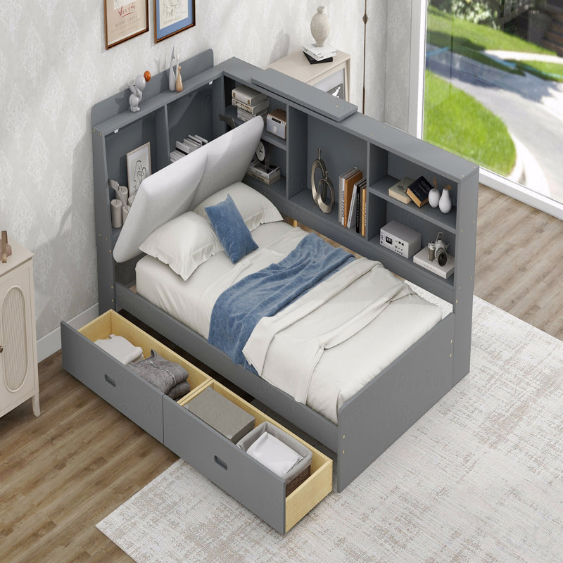 Twin Wood Platform Bed Frame, Storage Headboard, Shelves, 2 Drawers, Gray