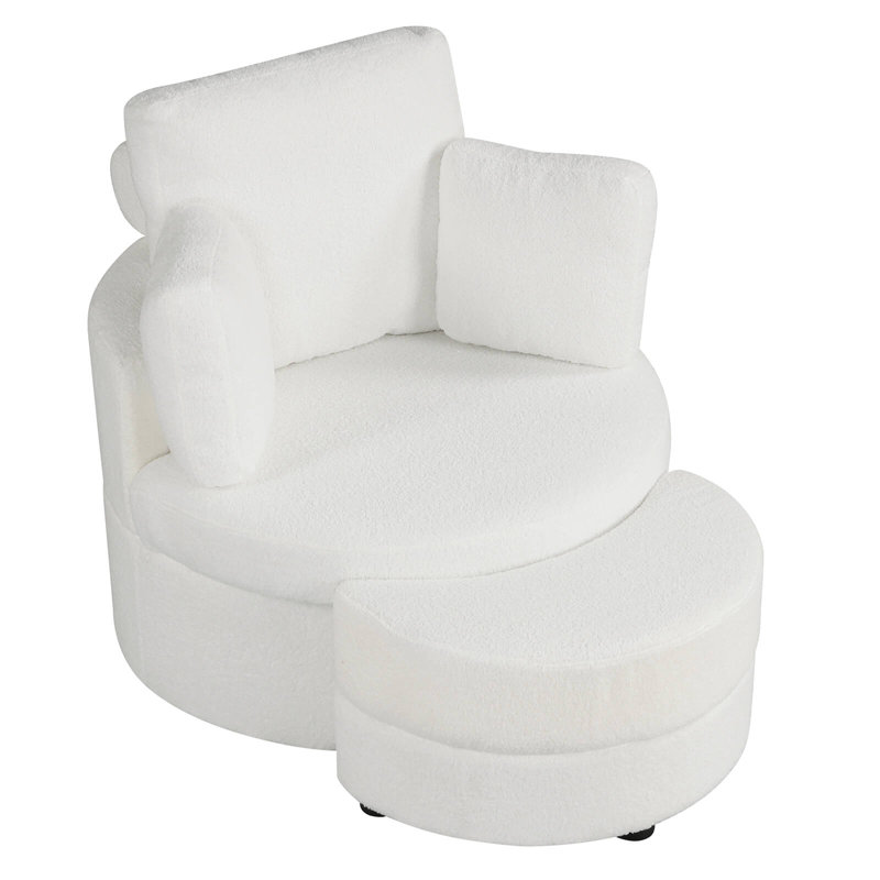 Fauteuil d'appoint pivotant à 360 ° avec repose-pieds demi-lune avec rangement et 3 coussins amovibles, blanc bureau, Blanc