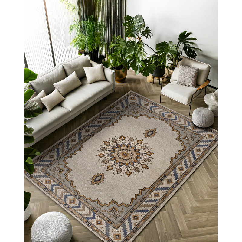 Madeline Collection Digital Print Cotton-Polyester Beige Gray Moroccan Rug, Runner 2'8" x 10'6"