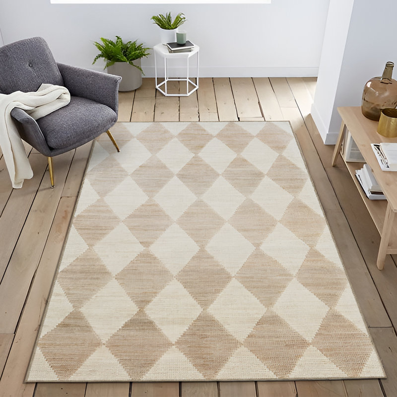 Tapis décoratif beige à motif géométrique moderne, Rectangle 3 pi 11,24 po x 5 pi 10,87 po