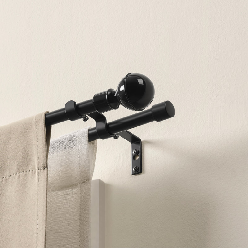 Ensemble de tringle à rideaux double robuste avec embouts de boule décoratifs, noir mat, 16-63"