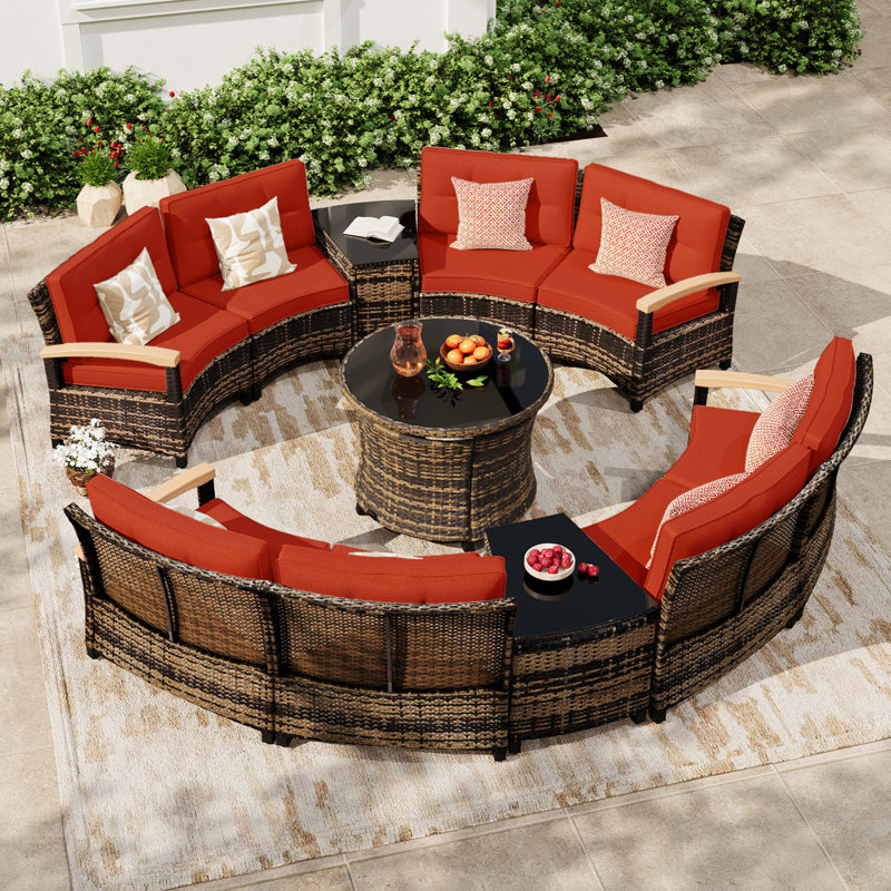  11-Piece Half-Moon Curved Outdoor Patio Furniture Set, Sectional Conversation Sofa With Wood Armrests, Round Coffee Table For Backyard Deck Garden, Red