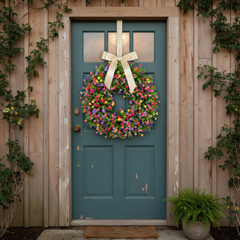 Couronne de printemps artificielle 16 pouces, couronne florale artificielle suspendue pour porte d'entrée, mur, porche, maison