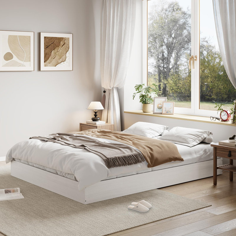  Modern Minimalist Sturdy Wood Platform Bed Frame for Home - Full Size, Floor-Standing, Sturdy Wooden Slats, Noise-Free, No Box Spring Needed, Easy Assembly, Space-Saving - White