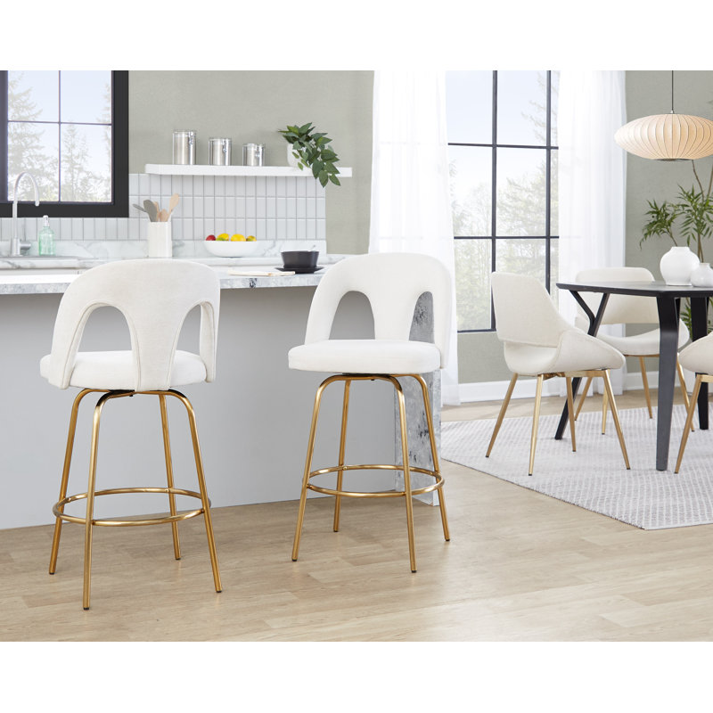 Tabouret de comptoir Ava, Doré, Tissu blanc