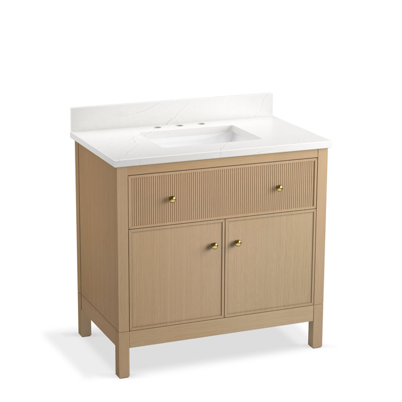 Malin By Studio McGee 36 in. Bathroom Vanity Cabinet With Sink And Quartz Top, Oak, Brass, 36"