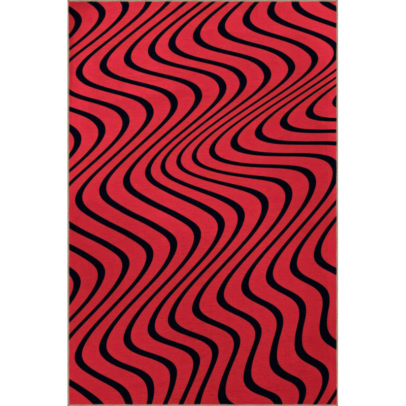 Tapis décoratif moderne à motifs de spirale ondulée rouge et rouge, Sous-tapis rectangulaire de 3 pi 3 po x 4 pi 11 po