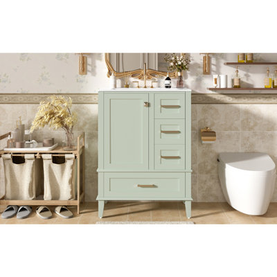 Meuble-lavabo de 24,8 po avec lavabo en céramique, armoire autoportante moderne avec porte à fermeture en douceur, tiroir profond, tiroir peu profond et tiroir large pour un rangement peu encombrant