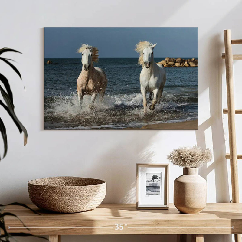 Chevaux de Camargue blancs qui courent sur la plage I, H 16 po x l 24 po