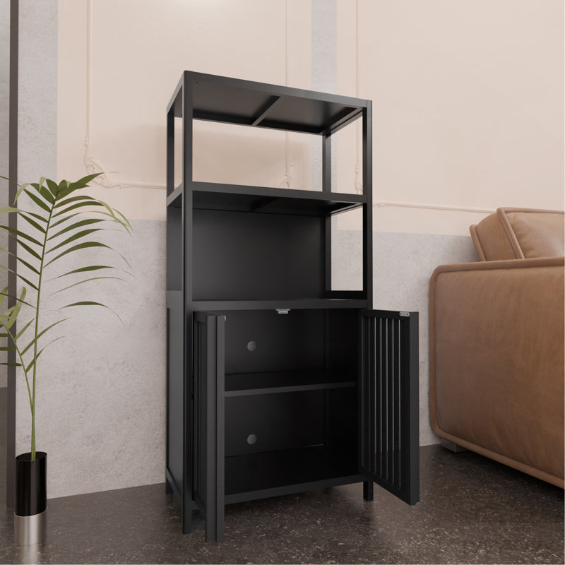 Black Bamboo Storage Cabinet, Separate Bathroom Cabinet With 2 Doors, Floor Cabinet Organizer For Living Room, Kitchen, Entrance