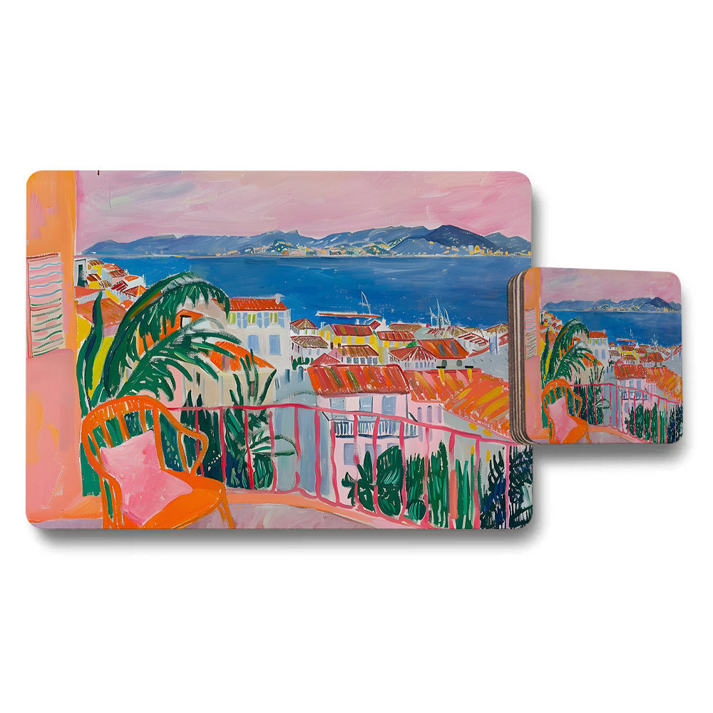 Colorful Seaside Town Placemat And Coaster Set With Ocean View