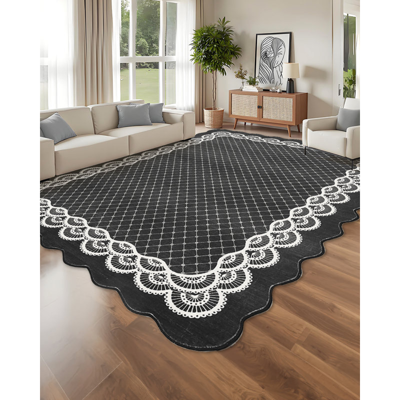 Machine Washable Scalloped Area Rugs Modern Bordered Floor Mats, Non-Slip Contemporary Accent Rug, Non Shedding Soft Low Pile Indoor Carpet for Living Room, Bedroom, Kitchen