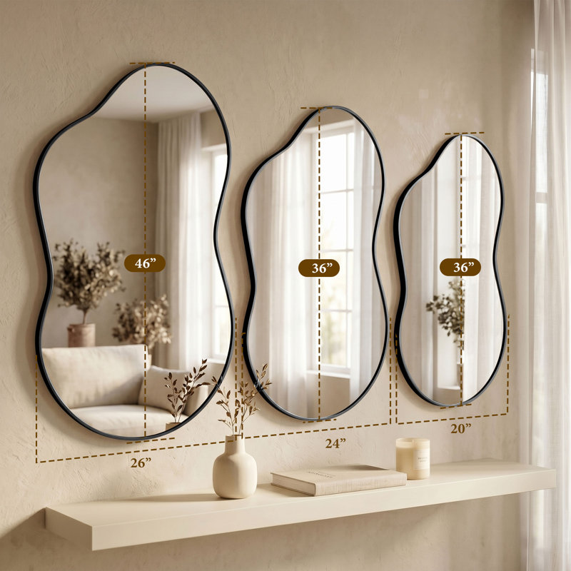 Miroir mural irrégulier en verre trempé et alliage d'aluminium, 46 po x 26 po, Noir