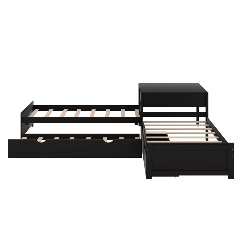Lit plateforme simple en L avec lit gigogne, tiroir et bureau, Espresso