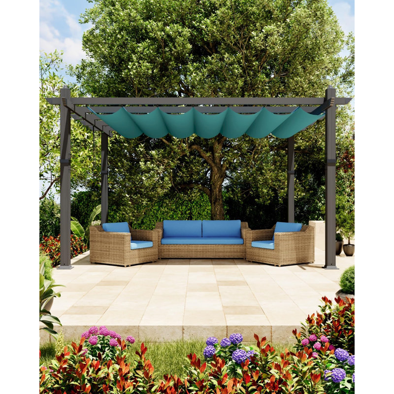 10x13FT Aluminum Pergola with Retractable Canopy, Brushed Brass, 91.34" H x 156" W 117" D