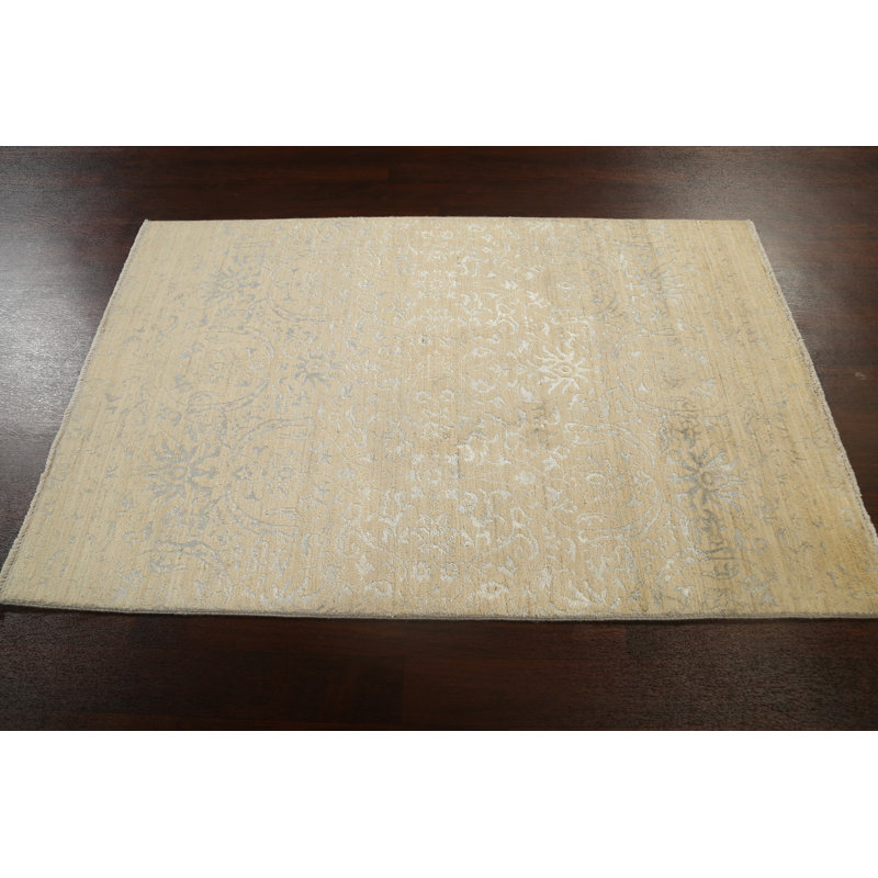 Tapis beige noué à la main de conception unique 4 pi 1 po x 6 pi 1 po New Age