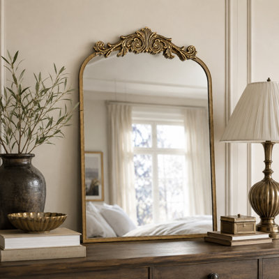 Antique Gold Arched Baroque Vanity Wall Mirror with Ornate Floral Crest