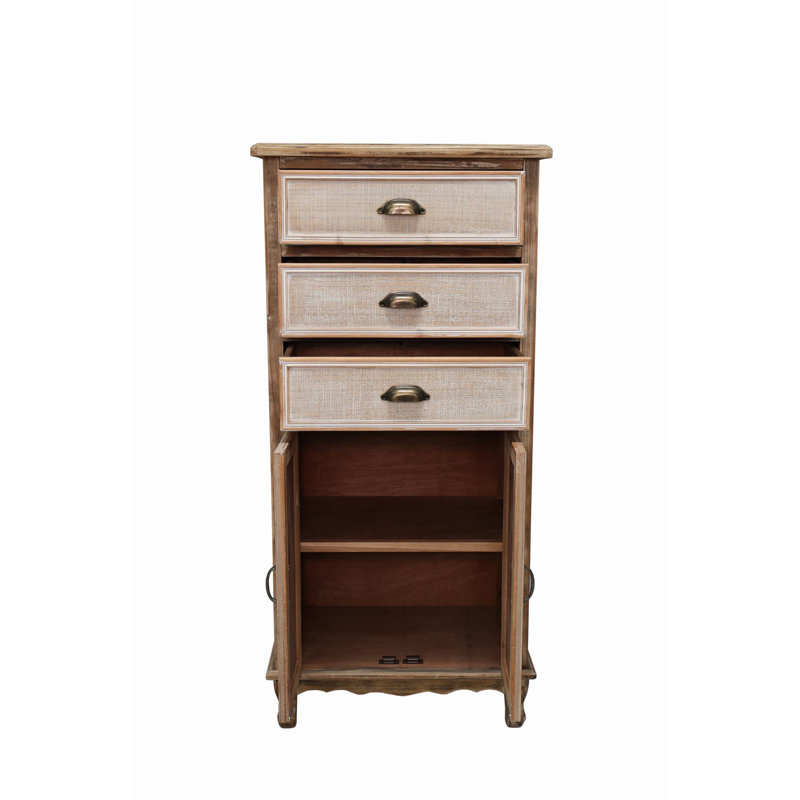 Grande armoire étroite en bois rustique avec porte découpée décorative et 3 tiroirs H 50,79 po, Blanc antique / brun