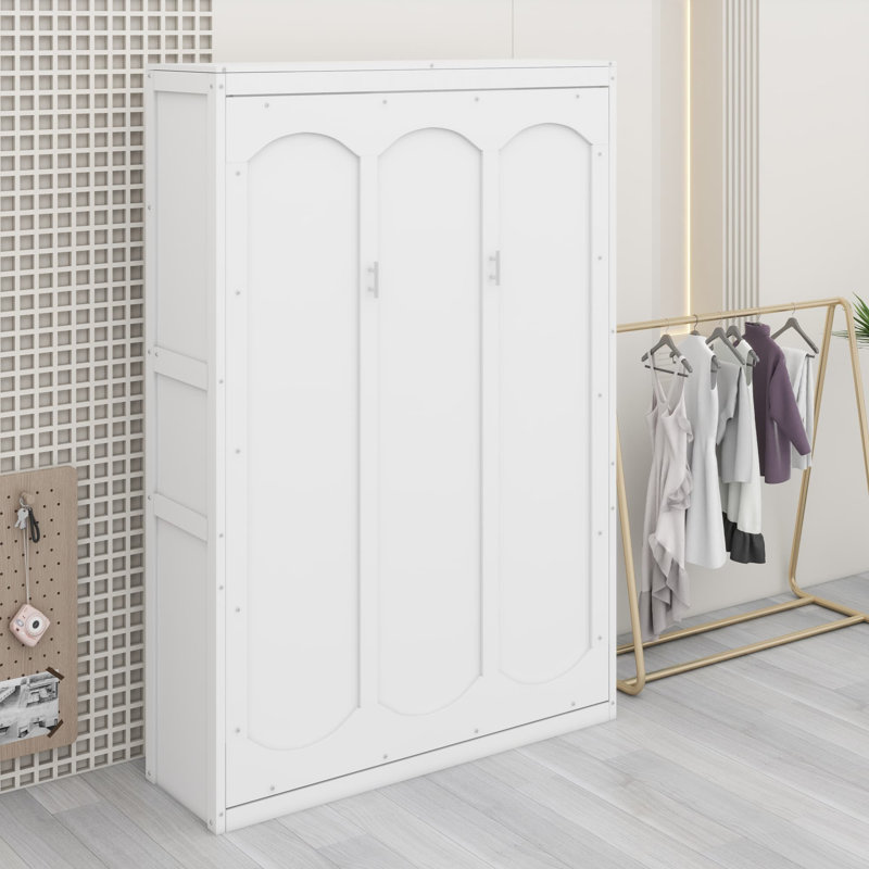 Murphy Bed Cabinet with Built-In Shelves & Hydraulic Lift, Full, White