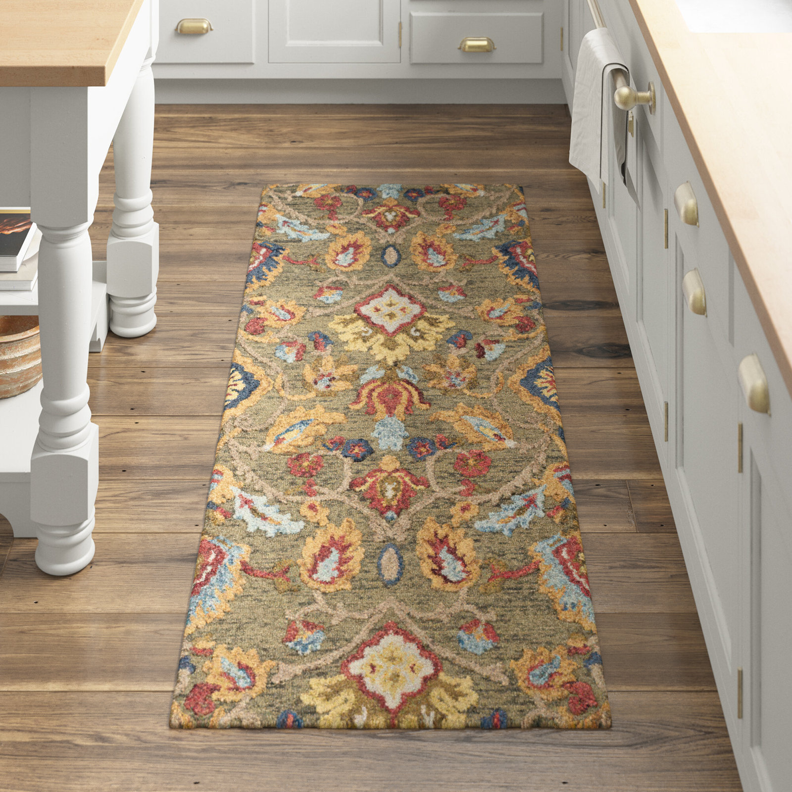 Tansy Handmade Wool Green / Multi Rug, Runner 2'3" x 6'