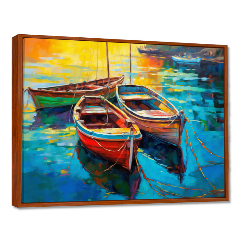 Trois bateaux dans le port I - impression sur toile Coastal Port, H 24 po x l 32 po x P 1 po, Cadre flottant brun