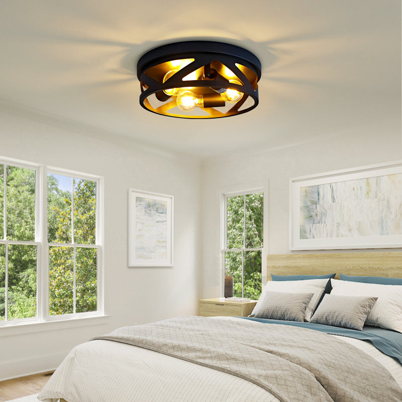 Industrial Flush Mount Ceiling Light - Matte Black Metal Ceiling Fixture For Porch & Kitchen (12.6in), 3 Lights