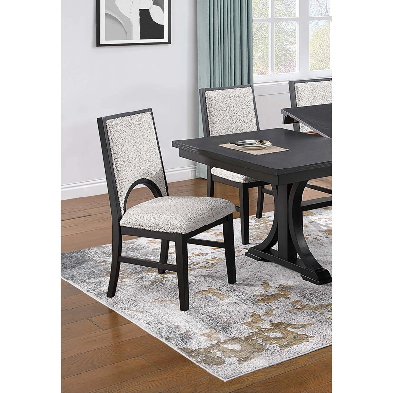 Table à manger classique 7 pièces: finition blanche, support à tréteaux et 6 chaises arquées à dossier rectangulaire de style transitionnel, design unique