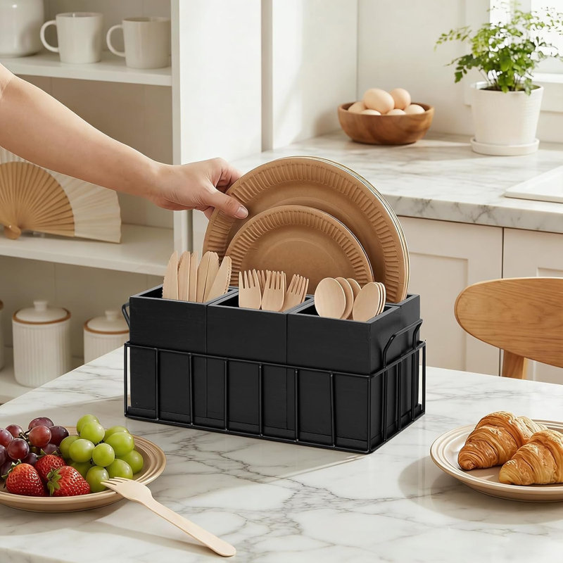 Wood Utensil Holder with 4 Removable Compartments,Black