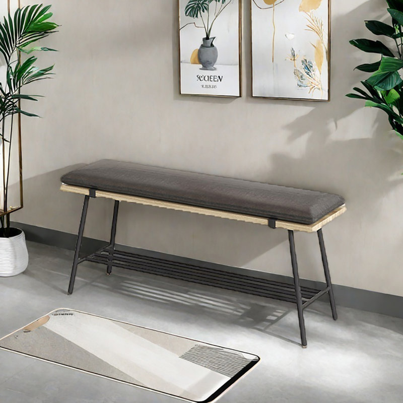 31.5in Wrought Iron Frame Shoe Storage Bench, Black/Natural Wood