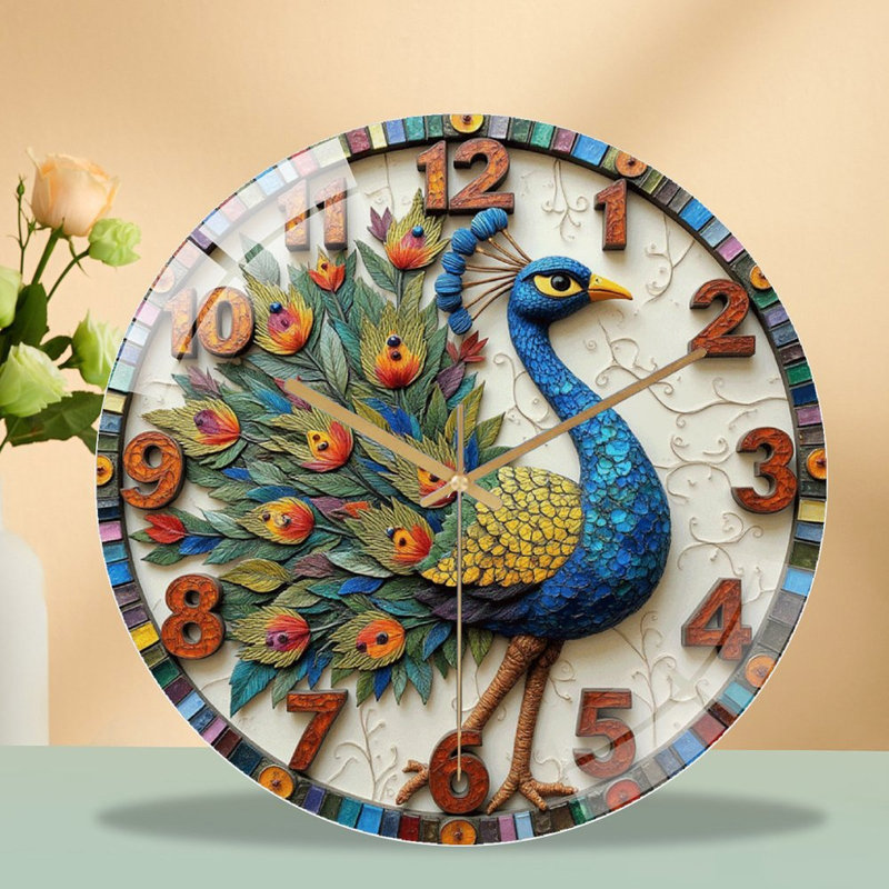 Horloge murale colorée paon avec design unique et art artistique - horloge murale moderne en verre 12 po