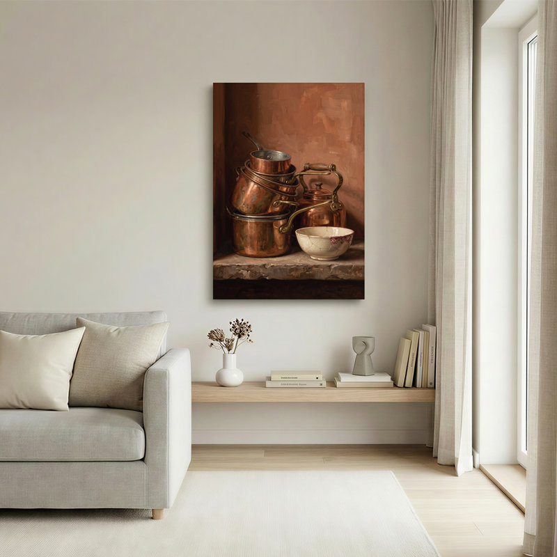 «Rustic Copper Pots and Kettle with Cracked Bowl», art mural sur toile, H 48 po x l 32 po
