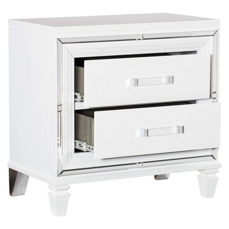 Table de chevet contemporaine de chambre blanche avec cadre en miroir 2 tiroirs et finition métallique, Blanc