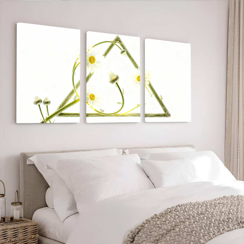 Ensemble de 3 tableaux abstraits sur toile tendue, motif floral de marguerites, H 18 po x l 36 po