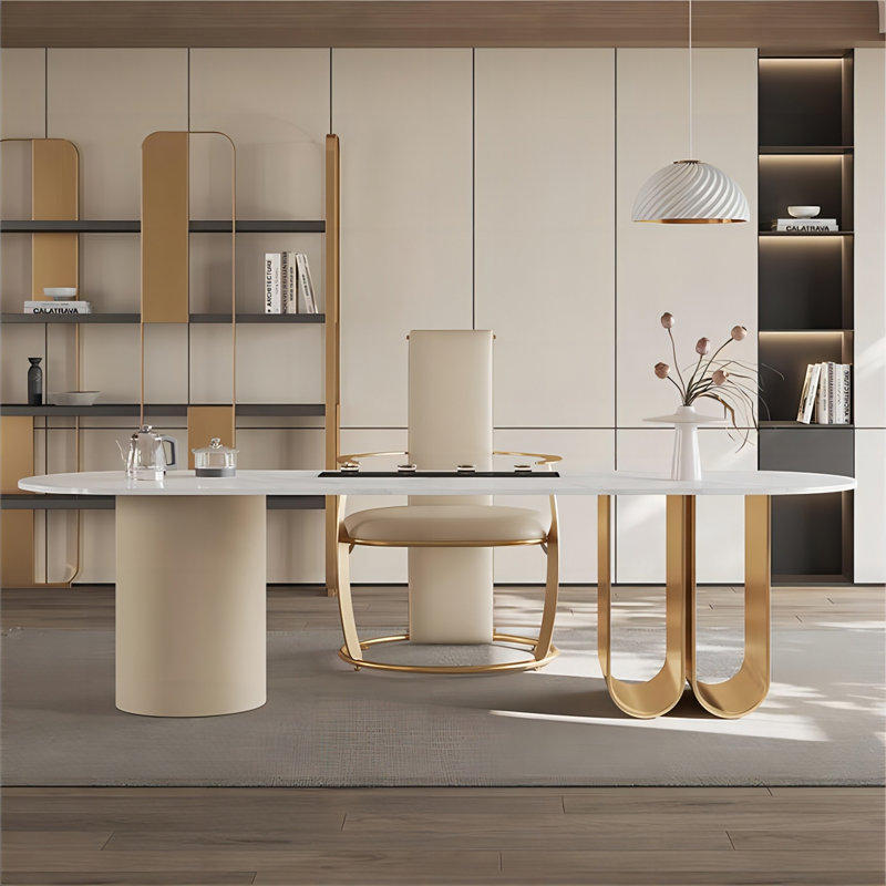 Bureau de thé ovale en pierre frittée, 29.53" H x 78.74" W x 31.5" D