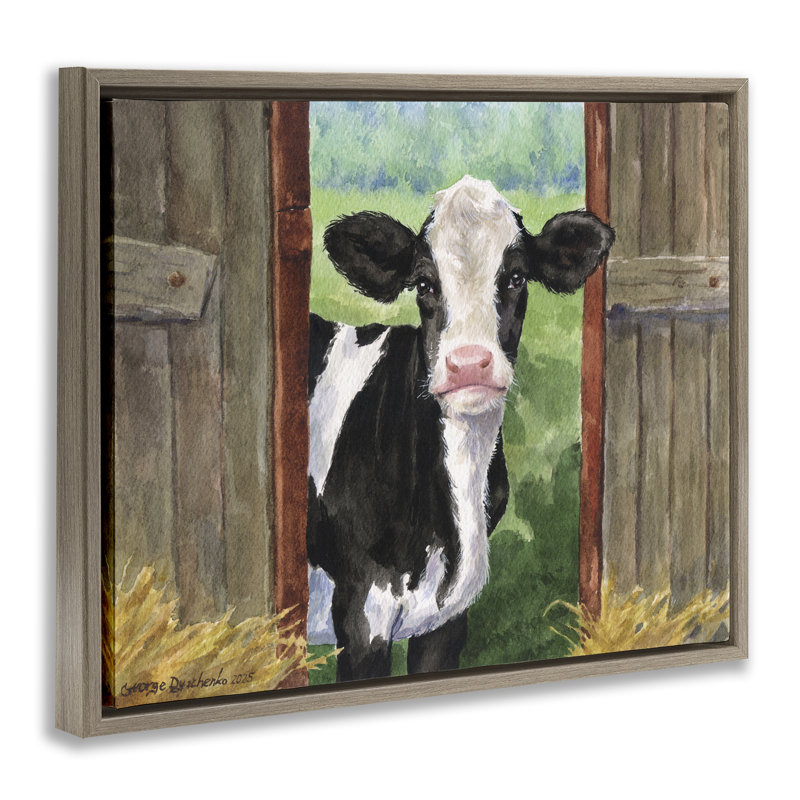 Vache dans un cadre flottant en bois, par George Dyachenko, Cadre flottant orme Montalcino, H 17 po x l 21 po