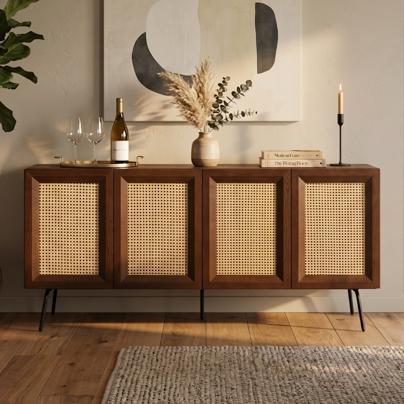  NTC Mossic Sideboard 3 - 4 Doors Natural Rattan Storage Cabinet, Buffet with Metal Legs, Boho Accent Cabinet for Living Room, Dining Room, and Entryway, Effortless Assembly