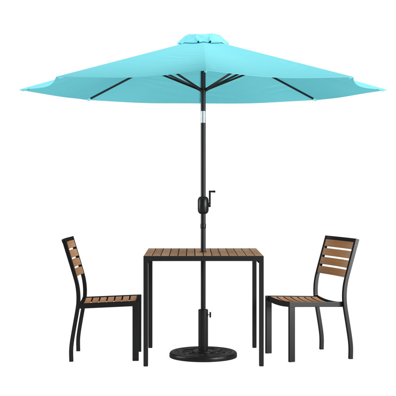 Abi-Louise Faux Teak Patio Table, 2 Chairs & 9FT Patio Umbrella with Base, Teal Umbrella