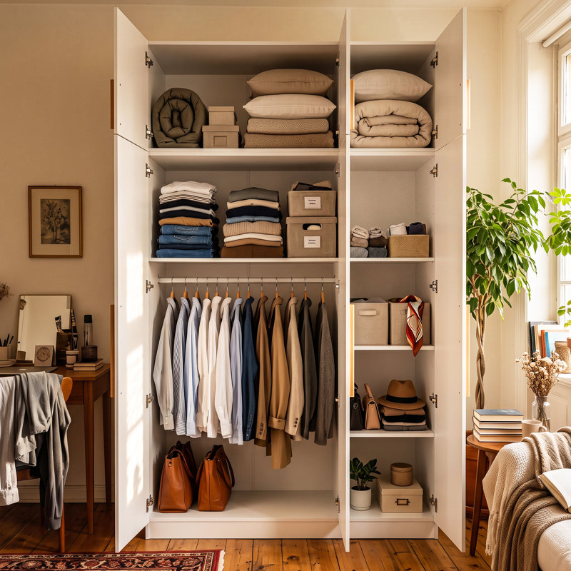 Armoire de 47,2 po de largeur avec armoire supérieure, 8 tablettes et tringle pour rangement dans la chambre à coucher, Blanc